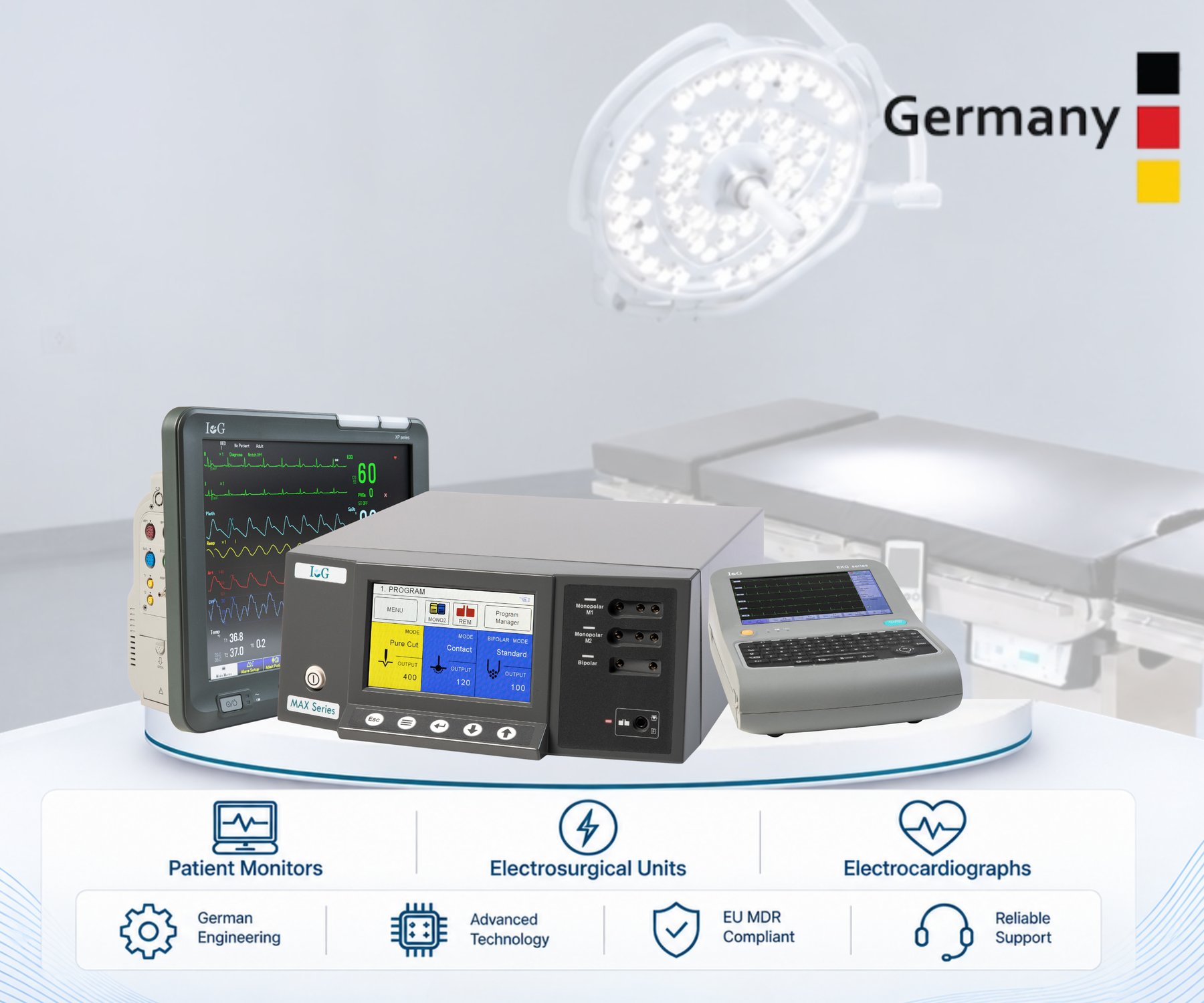 The companion range: an XP Series patient monitor, a MAX Series electrosurgical unit and an EKG Series electrocardiograph, under a surgical light